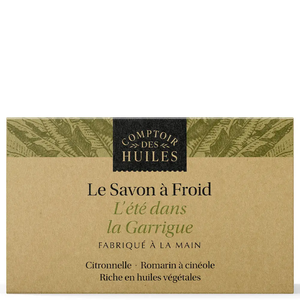 Savon à froid BIO romarin et citronnelle,rafraîchir et tonifier la peau naturellement,savon à froid bio,savon romarin citronnelle,savon garrigue,savon saponifié à froid bio,savon été naturel,Fraîcheur aromatique et purification 100 g,Été dans la Garrigue