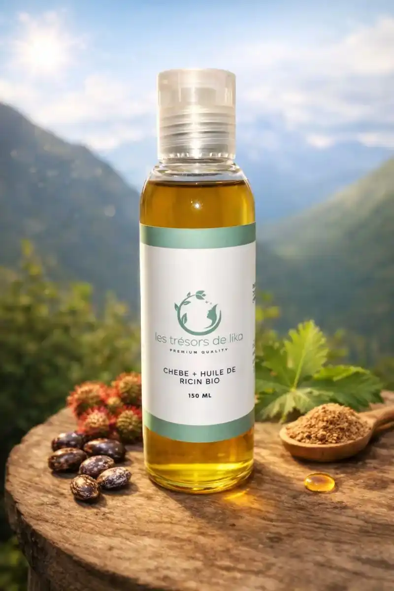 huile de ricin au chébé,huile capillaire naturelle,pousse cheveux,cheveux crépus,cheveux frisés,soin anti-casse,hydratation cheveux,cheveux afro