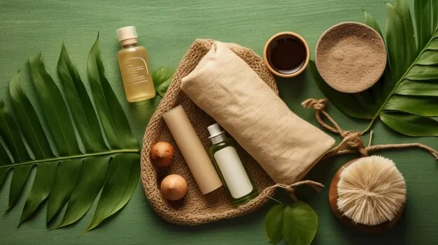 Produits cosmétiques naturels zéro déchet avec ingrédients végétaux sur fond vert