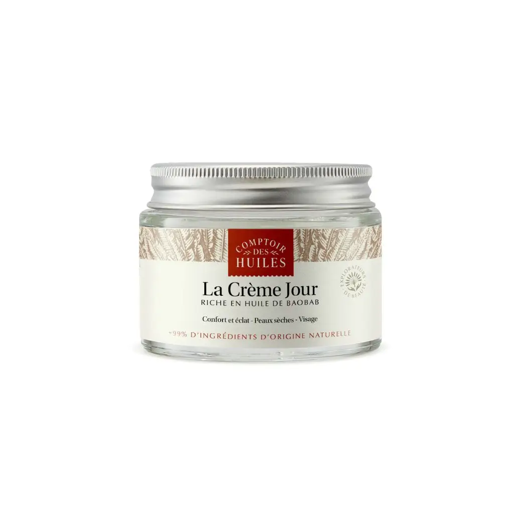 crème jour huile de baobab,crème visage bio nourrissante,soin visage peau sèche,crème hydratante naturelle,cosmétique bio visage,crème anti-dessèchement,Nutrition intense et éclat naturel,redonner éclat et confort