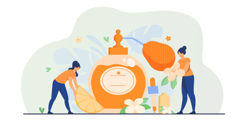 Illustration de la création d’un parfum naturel, ingrédients botaniques et flacon de cosmétique