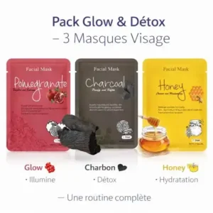 Pack de 3 masques visage Pomegranate, Charcoal et Honey – Éclat, purification et nutrition