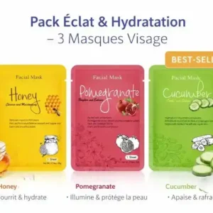 Pack de 3 masques visage Honey, Pomegranate et Cucumber – Nutrition, éclat et apaisement