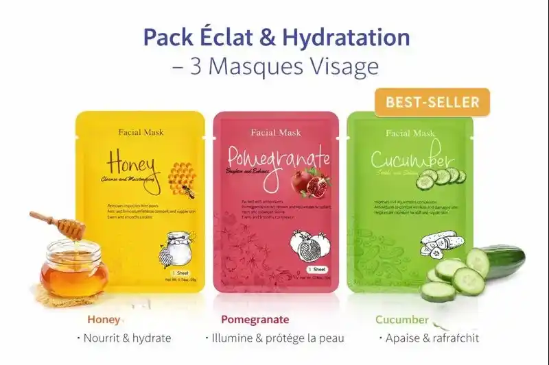 masque grenade éclat,Honey,Pomegranate et Cucumber,Nutrition,éclat et apaisement,pour nourrir,illuminer,hydrater et apaiser la peau