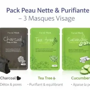 Pack de 3 masques visage Charcoal, Tea Tree et Cucumber– Purifiant, rééquilibrant et apaisant