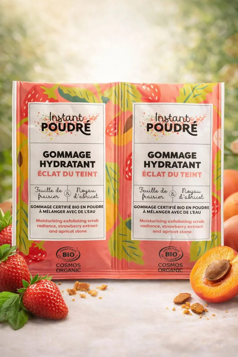 Gommage hydratant visage,gommage éclat du teint,exfoliant visage bio,feuilles de fraisier,noyau d’abricot,gommage naturel,peau terne,soin visage bio,gommage en poudre,cosmétique bio,exfoliation douce,teint lumineux.