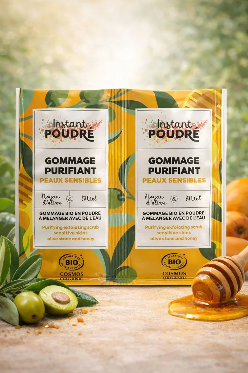 Gommage purifiant visage,gommage peaux sensibles,exfoliant doux bio,noyau d’olive,miel,gommage bio,cosmétique bio,peau sensible,rougeurs,gommage en poudre.